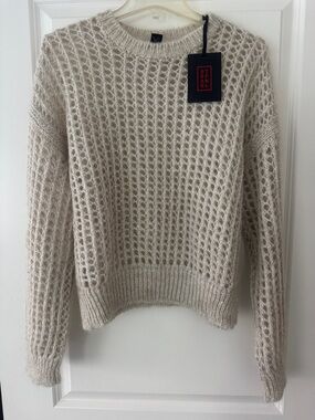 Stefanel Open-Weave Cream Crewneck Sweater